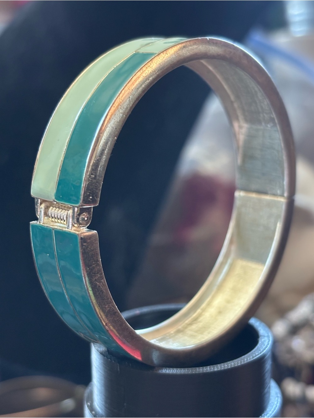 Silver-Tone Hinged Bangle with Mint and Teal Enamel